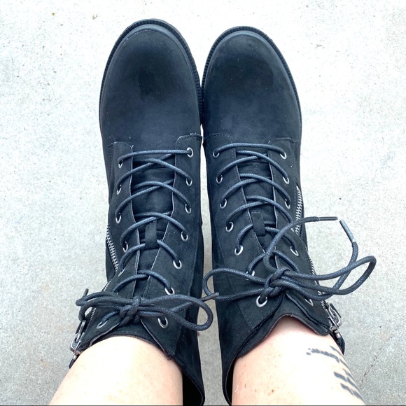 New Black Vegan Suede Zip Lace Up Moto Boots - Picture 8 of 8